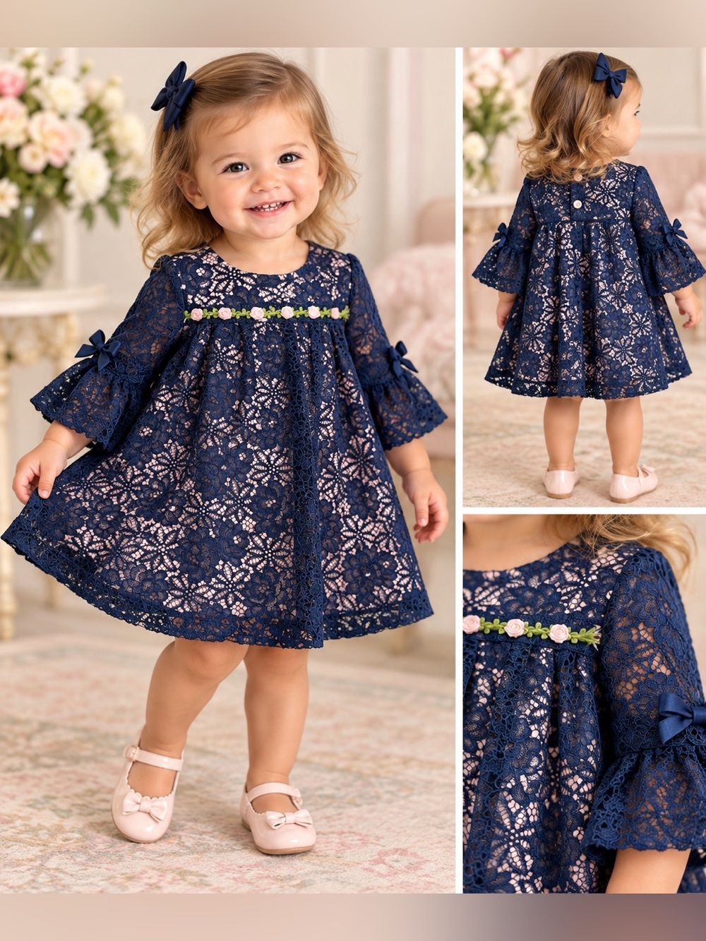 Laura Ashley London Baby Girl 18M Navy Lace Pink Dress Bell Sleeve Floral